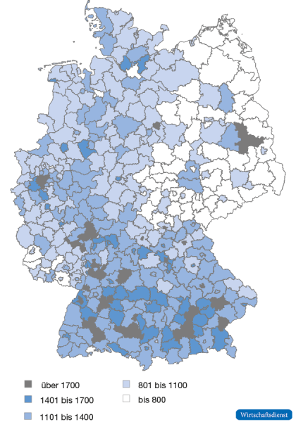 Steuereinnahmekraft der Kreise und kreisfreien Städte 2017